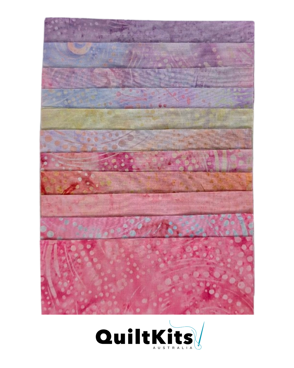A vertical stack of Batik quilting fabric strips in various pastel shades of pink and purple by Quilt Kits Australia