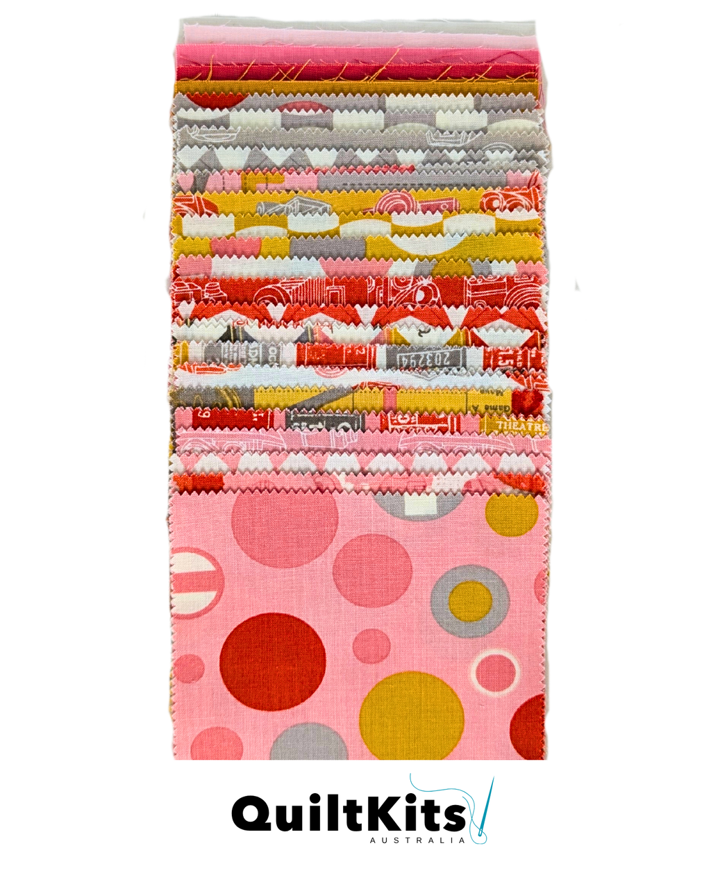 A vertical stack of colorful quilt fabric swatches with various patterns including stripes, polka dots, and floral motifs in pink, red, yellow, gray, and white. The Quilt Kits Australia logo is visible at the bottom on a white background.